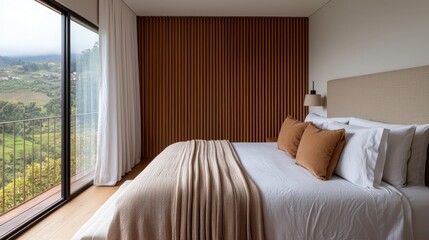 Fototapeta premium Luxury home minimalist and exclusive, A modern bedroom featuring a cozy bed with neutral tones, wooden accents, and large windows offering a scenic view of the outdoors.