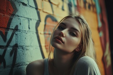Naklejka premium Young Blonde Woman with Striking Gaze Posing by Graffiti Wall in Urban Setting