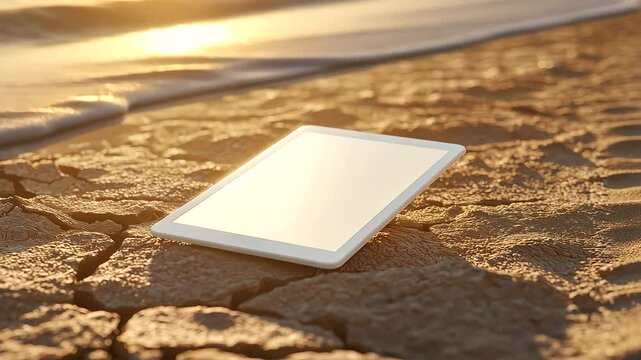 Cracked desert floor with embedded white tablet and e-book covers