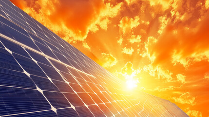 Solar panel array angled against vibrant orange sunset sky, showcasing clean energy concept and sustainable technology, ideal for environmental or renewable energy themes