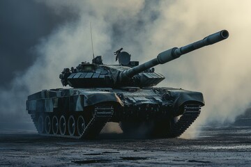 Fototapeta premium Battle Tank Advances Through Battlefield Fog - Military Vehicle with Camouflage and Massive Gun Barrel