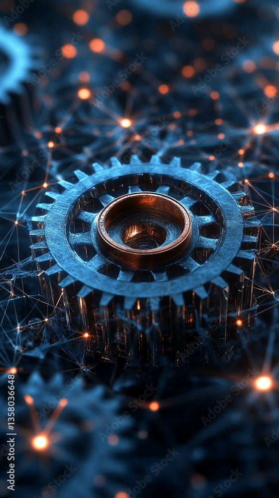 Poster close-up of metallic gears, interconnected by glowing lines, creating a complex network, showcasing 