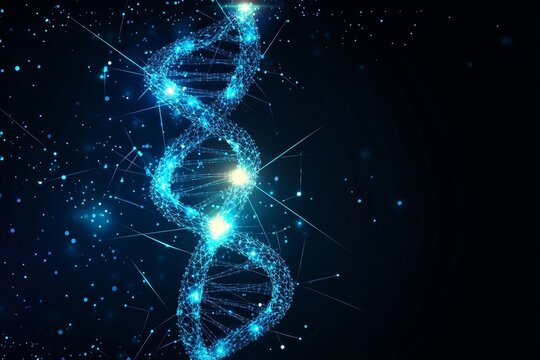 A concept of innovation, science, and genetics is represented by a vibrant digital DNA molecule composed of binary code and pixels, set against a dark abstract background with space available for a