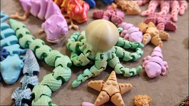 Small models of octopus, starfish and newts printed on 3D printer from molten plastic of colorful colors. Creative multicolored model printed on 3D printer. Concept 3D Printing. 3D Printing technology