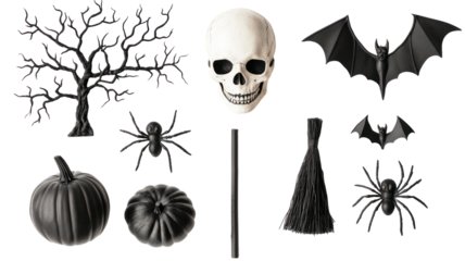 A collection of Halloween-themed decorations including a skull, bats, pumpkins, and spiders arranged artistically