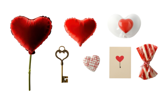 A collection of heart-shaped balloons, a vintage key, a decorative card, and a wrapped gift, set against a bright background