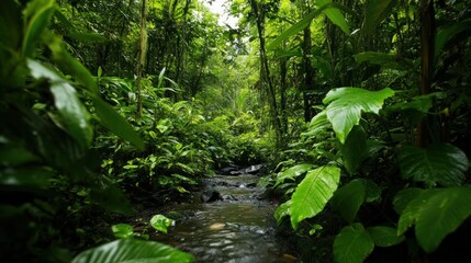Fototapeta premium Lush Rainforest Stream A Tranquil Jungle Scene