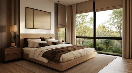 Fototapeta premium Luxury home minimalist and exclusive, A serene, modern bedroom featuring natural wood elements, large windows with a view of greenery, and soft, neutral tones for a calming atmosphere.