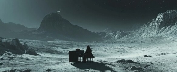 A lone figure plays the piano on an alien planet with a crescent moon in the sky