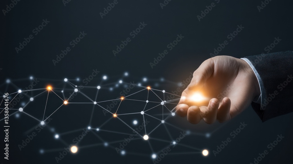 Poster global network connection in hand, digital innovation and technology concept