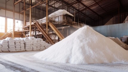 Industrial Salt Warehouse Showing Bulk Storage and Bags