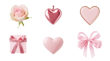 A collection of romantic symbols featuring a rose, hearts, a gift box, and a ribbon, perfect for Valentine's Day celebrations