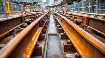 Fototapeta premium Rusty Railroad Tracks Under Construction In City