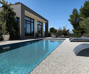 Luxury Backyard with Rectangular Pool and Stylish Lounge Chairs, Framed by a Lush Garden and Covered Patio for Elegant Outdoor Living