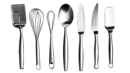 A collection of stainless steel kitchen utensils arranged neatly, showcasing their design and functionality for culinary use