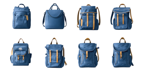 A collection of stylish blue backpacks displayed in various angles against a neutral background, showcasing design and functionality