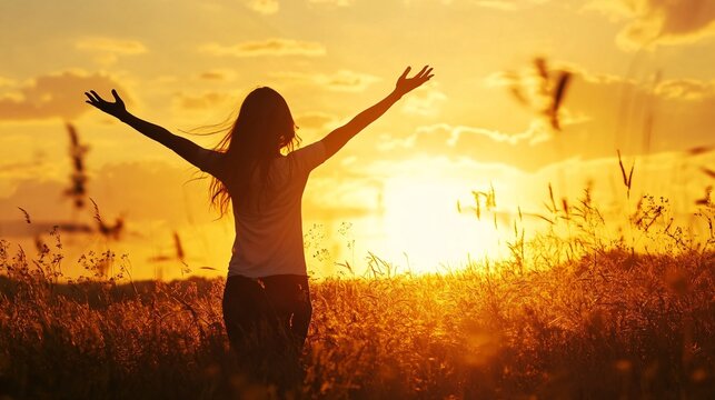 Glorious Autumn Sunset with a Woman’s Silhouette Joyously Thanking God in Lush Meadow