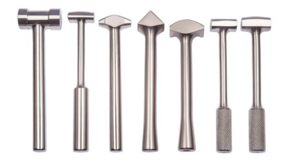A collection of various metal hammers displayed on a white background, showcasing different shapes and sizes for diverse applications