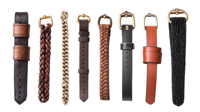 A collection of various leather watch straps displayed in a row, showcasing different textures and styles against a neutral background