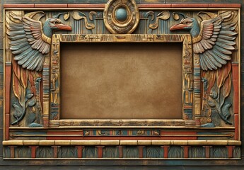 Egyptian frame background displays ancient carving and hieroglyphs with bird statues in a temple