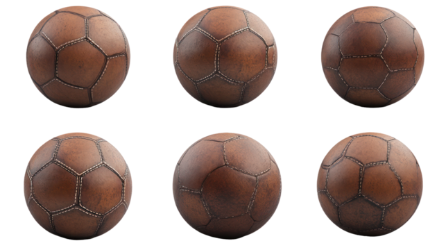 A collection of vintage-style brown soccer balls arranged in a grid, showcasing their textured surface and stitching details