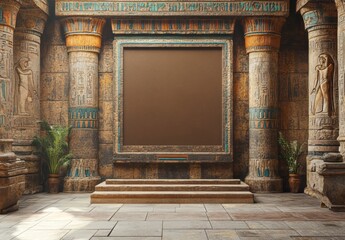 Egyptian temple columns surround the ancient frame and textured walls, with stairs showing stone floor in the vintage interior