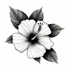 Fototapeta premium A hibiscus flower in black and white line art, tropical and detailed, against a clean white backdrop.