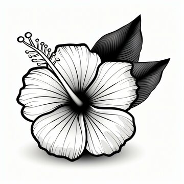 recommend clip art: A hibiscus flower in black and white line art, tropical and detailed, against a clean white backdrop.