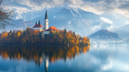 Fototapeta premium Church on an Island with Mountain and Lake Reflections