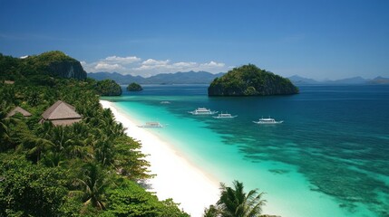 Fototapeta premium Tropical Island Paradise Beach Boats and Lush Greenery