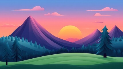 Vibrant Sunset Over Rolling Hills with Majestic Mountains and Silhouetted Trees in a Serene Landscape