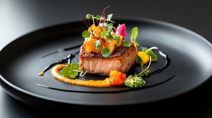 Gourmet plated dish with seared fish, colorful garnishes on black plate