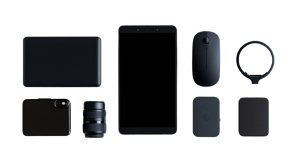 A minimalistic flat lay of modern tech accessories including a smartphone, camera lens, and mouse on a clean background