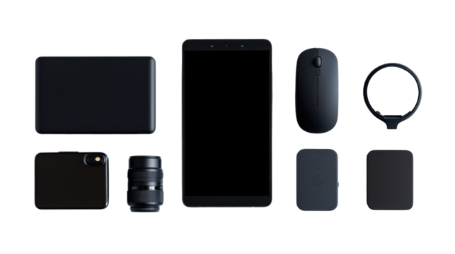 A minimalistic flat lay of modern tech accessories including a smartphone, camera lens, and mouse on a clean background