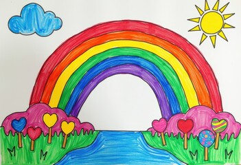 Child's whimsical rainbow drawing with heart trees and sparkling water. A child's drawing of a rainbow over a river.