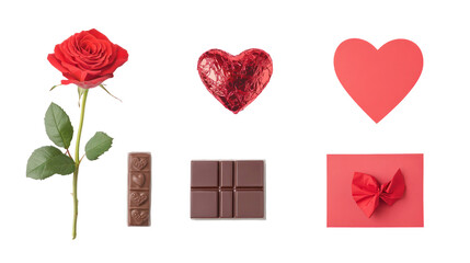 A romantic arrangement featuring a red rose, chocolates, and heart-shaped decorations on a clean background, perfect for Valentine's Day