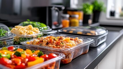 Obraz premium Assorted healthy meal prep containers with vegetables and pasta on kitchen counter