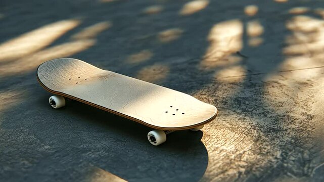 Cracked skateboard deck with glowing graphic design in skate park