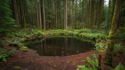 Obraz premium Forest Pond Reflecting Trees and Ferns