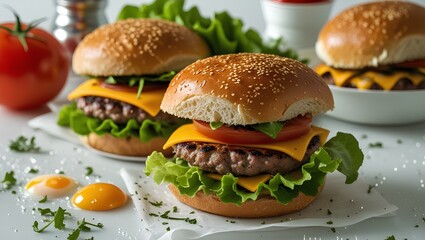 Juicy burgers with lettuce, tomatoes and cheese on the kitchen table