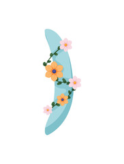 Vector illustration of a reverse curved bracket decorated with pink and blue floral arrangements.