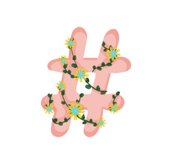 Vector illustration of a hashtag symbol decorated with pink floral arrangements.