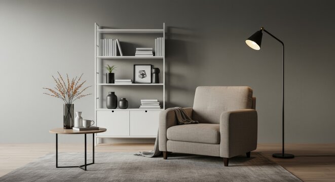 Stylish living room with armchair, bookshelf, and modern lamp. Calm and cozy interior