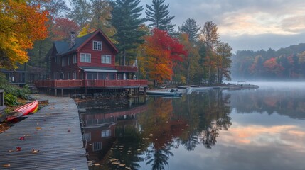 Fototapeta premium Autumn Lakeside Cabin With Boats And Colorful Trees