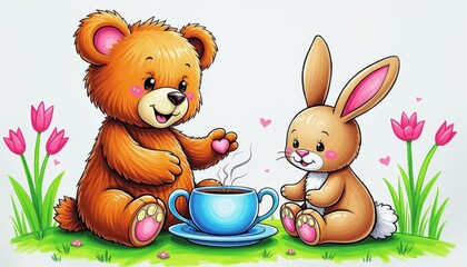 Cheerful Scene: Two  Bears, Rabbit, Tulips, and Coffee on a White Meadow. A bear and a rabbit sitting next to each other in a field of flowers.