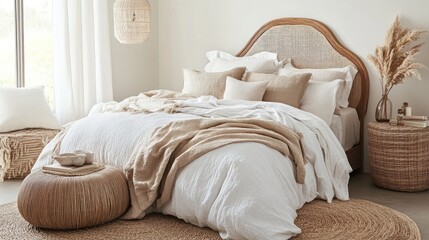 Serene Bedroom Decor with Neutral Tones and Natural Textures