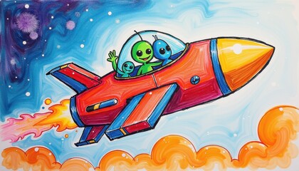 Vibrant Alien Rocket Painting Against Starry Night Sky for Children's Art Inspirations. A painting of two aliens riding in a red and yellow rocket.