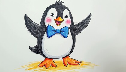 Whimsical Penguin Drawing with Blue Bow Tie on White Background. A drawing of a penguin wearing a blue bow tie.