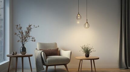 Home interior space a comfortable armchair wooden tables and light decor