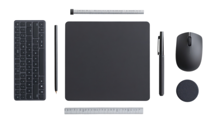 A sleek black workspace setup featuring a keyboard, mouse, pen, and ruler, ideal for modern productivity and design tasks